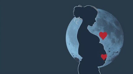 Wall Mural - front view a pregnant mother holding her stomach, eclipse style design silhouette, her heart subtle red, the babys heart subtle red, both beating together, dark blue color scheme