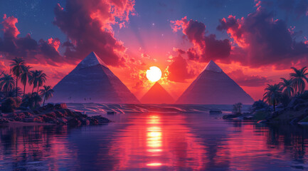 Poster - Ancient Egypt wallpaper of the Nile river and pyramids