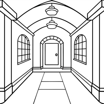 Coloring page, cartoon, anime, hallway house, and clean line art