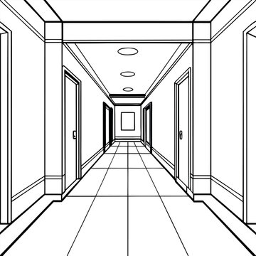 Coloring page, cartoon, anime, hallway house, and clean line art