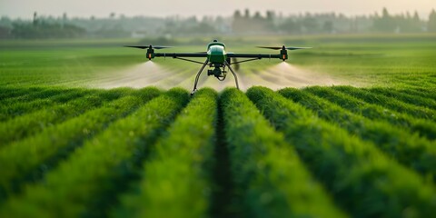 Poster - Enhancing Agricultural Productivity A Modern Drone Spraying Pesticides Over a Green Field. Concept Agriculture, Productivity, Modern Technology, Drone, Pesticides