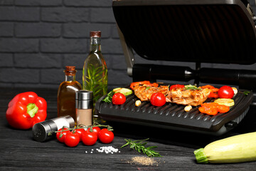 Wall Mural - Electric grill with different products on black wooden table