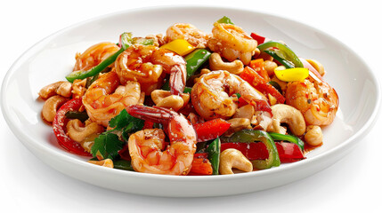 Wall Mural - A plate of shrimp and vegetables with a white background