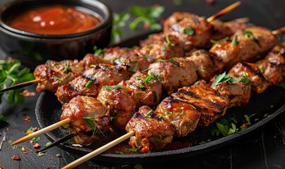 Wall Mural - Barbecue meat skewers with sauce, typical street food