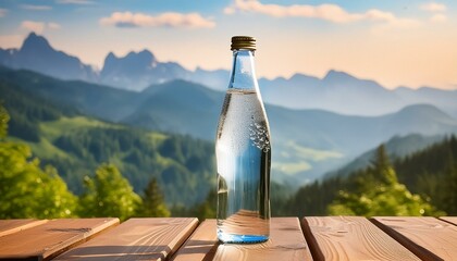 Wall Mural - A chilled bottle of sparkling mineral water with bubbles, on a clean wooden table, with a sm