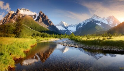 Wall Mural - A tranquil mountain scene with a river winding through the base, reflecting the towering pea