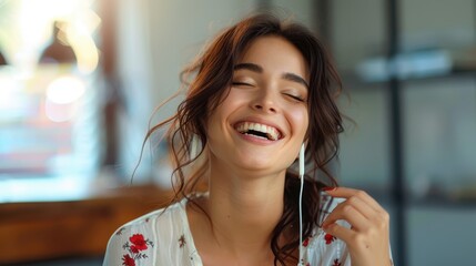 Wall Mural - A woman is seen laughing joyfully with earbuds in, enjoying a casual moment. She is wearing a white shirt adorned with floral patterns, and the room is warmly lit.