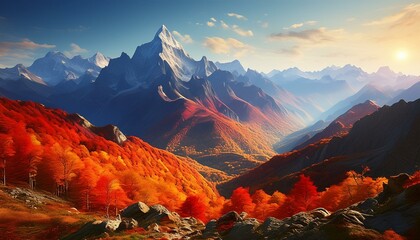 Wall Mural - Majestic mountains during autumn, with vibrant red and orange foliage on the slopes, under a