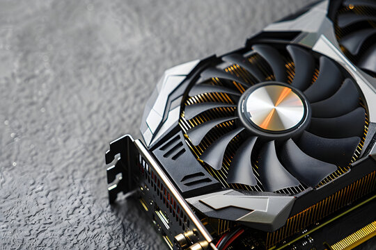 Computer graphics card on gray textured background, closeup. Space for text