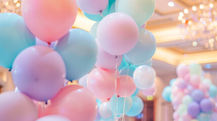 A room full of colorful balloons with a pink, blue