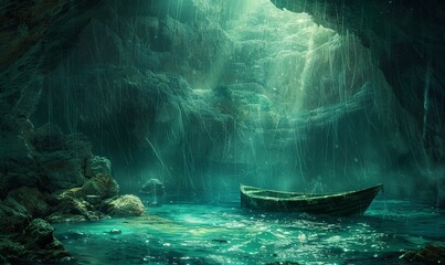 Wall Mural - A boat is floating in a deep blue lake with a cave in the background