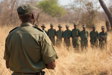 a group of soldiers in uniform standing in a field, a man in a green uniform is speaking to them