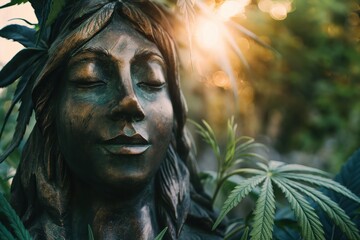 Poster - statue of a woman with marijuana leaves on her head