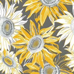 Modern Nature Inspired Sunflower and Leaf Grid Pattern