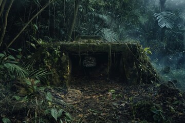 Wall Mural - a jungle scene with a small hut in the middle of the jungle