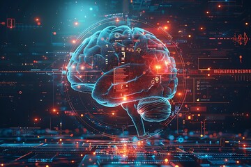 Leinwandbilder - A digital brain with various mathematical and scientific symbols orbiting around it, portraying AI's vast knowledge base, with copy space
