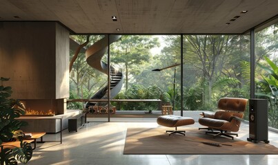 Wall Mural - Modern interior design of an open-plan living room with concrete walls, large windows showing trees and greenery outside the window, leather armchair to the right of the window