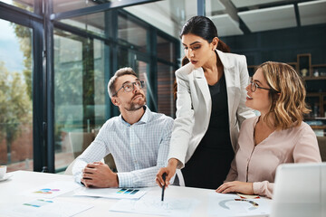 Poster - Business, people and office with documents for strategy with teamwork and collaboration. Boardroom, partners and project managers with graph report, feedback and results for company growth stats