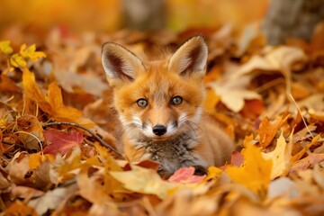 Wall Mural - a fox in autumn leaves