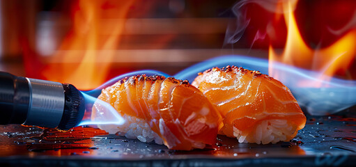 Wall Mural - Close-up of a chef using a kitchen torch to burn pieces of salmon sushi. Chef burning sushi on a black plate and blurred background.