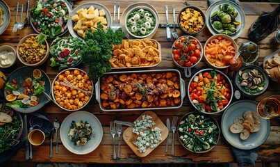 Wall Mural - Overhead view of various fresh homemade food on table at home during potluck