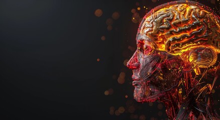 Poster - 3D illustration of human head with glowing brain, muscle anatomy, and neural pathways
