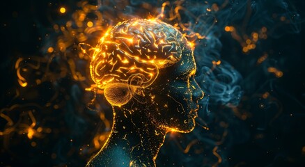 Poster - 3D animation of human head with glowing brain representing artificial intelligence and neural activity