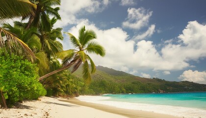 Wall Mural - Beautiful tropical beach with coconut palm trees at Seychelles