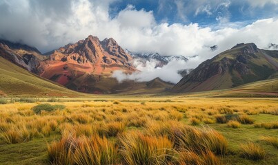 Wall Mural - A vast, empty field with mountains in the background. The sky is cloudy, and the mountains are covered in snow