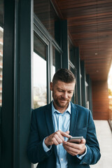 Aufkleber - Cellphone, research and businessman by building for reading email on corporate company merger. Phone, scroll and male financial advisor with information for asset investment profit on office rooftop