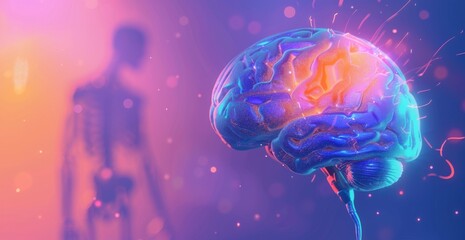 Poster - 3D rendered illustration of the human brain with neural connections and digital lighting