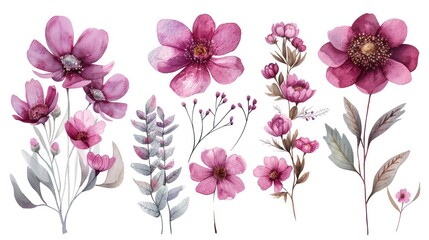 Wall Mural - Wildflower Bouquet Set: Pink Watercolor Floral Arrangements with Leaves and Branches - Botanical Illustration Bundle