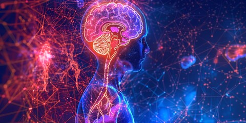 Poster - 3D rendered illustration of a human brain and nervous system with neon lights
