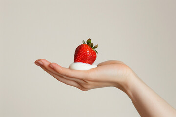 Wall Mural - A hand holding a strawberry with cream on a plain white background, highlighting the simplicity and elegance of this dessert. Copy space available.