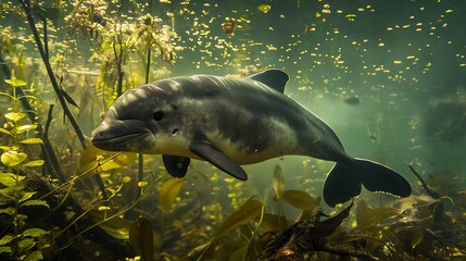 yangtze finless porpoise swimming in a river, endangered species