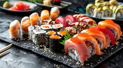 Wall Mural - Variety_of_sushi_rolls_and_sashimi_presented_on_a_stylish_way