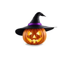 halloween pumpkin with witch hat, isolated on white background 