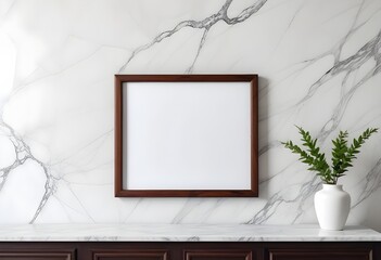 Empty dark raw wood frame, inner free space, white marble wall behind it