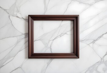 Empty dark raw wood frame, inner free space, white marble wall behind it