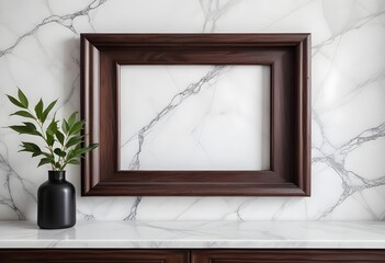 Empty dark raw wood frame, inner free space, white marble wall behind it