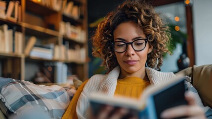 A woman with curly hair and glasses is intently reading a book while sitting in a comfortable, well-lit living room with a bookshelf in the background.