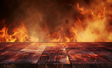 Wall Mural - Decorative wooden table with fire burning at the edge, fire particles, sparks, and smoke in the air, along with fire flames on a dark background to display products