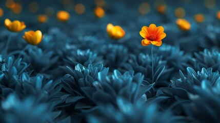 Wall Mural - A field of blue flowers with a single orange flower in the middle