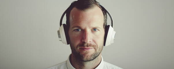 Man wearing headphones looking at camera with neutral expression. Plain background emphasizes his face and headphones