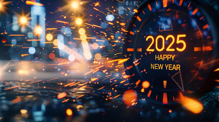 Canvas Print - The inscription happy new year 2025. Dynamic illustration. Movement. An idle background. Bokeh, sparks, lights.