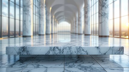 Wall Mural - This is a white stone marble table top with a blurred abstract background from an interior building banner background that can be used to display or montage your products.