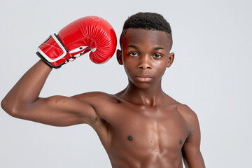 studio portrait of a skinny young black boxer guy wearing red boxing gloves