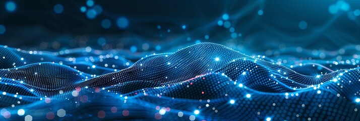 Poster - Abstract Digital Communication Technology Background With Blue Light Waves and Digital Nodes