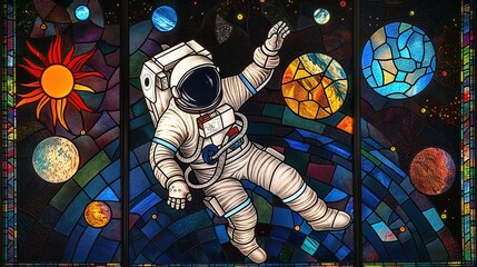 Wall Mural - abstract stained glass window with astronaut floating in space among planets and stars