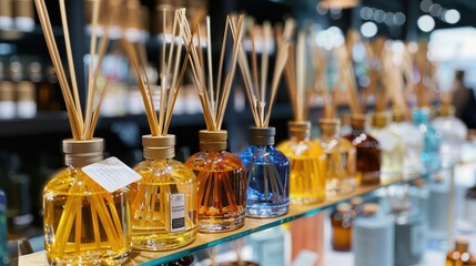 A variety of reed diffusers in different shapes and colored liquids are displayed on a glass shelf in a store, suggesting a fragrance and home decor theme.